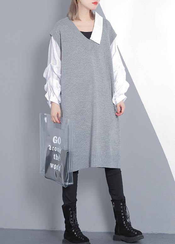 Gray Sweater Dress Outfit Design Funny V Neck Knitted Tops