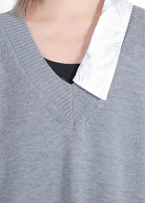 Gray Sweater Dress Outfit Design Funny V Neck Knitted Tops