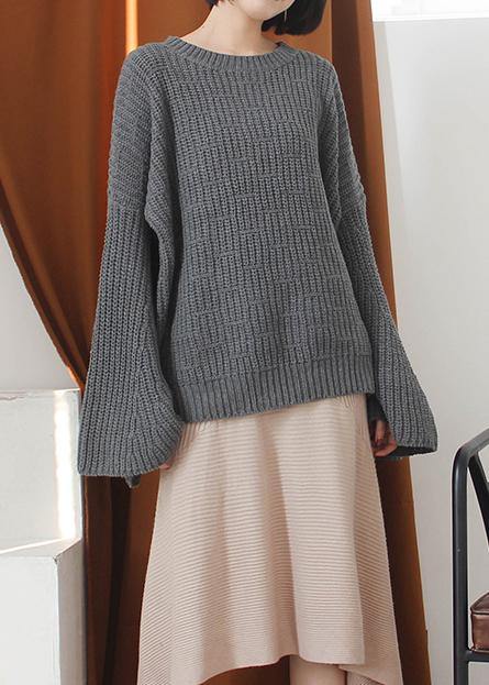 Gray Knitted Top O Neck Flare Sleeve Clothing Knit Sweat Tops