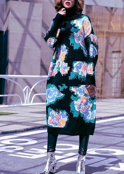 High Neck Sweater Aesthetic Black Print Fuzzy Knit Dress