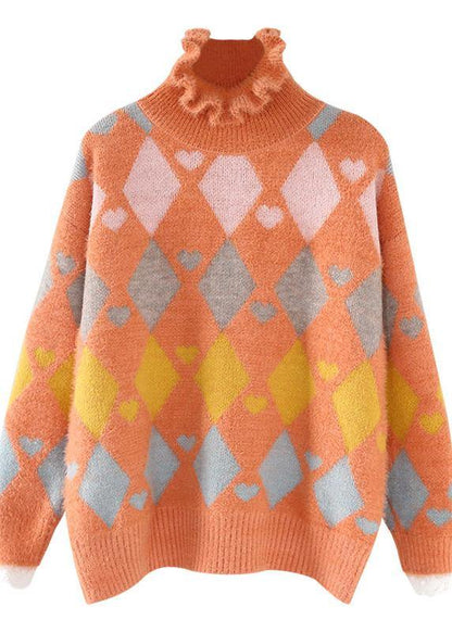 High Neck Beige Knitted Blouse Loose Fitting Geometry Knitted Top