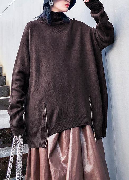 High Neck Chocolate Knitted Blouse Asymmetric Hem Box Top