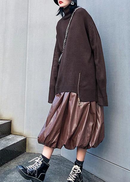 High Neck Chocolate Knitted Blouse Asymmetric Hem Box Top