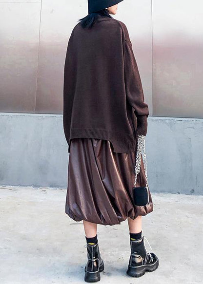 High Neck Chocolate Knitted Blouse Asymmetric Hem Box Top