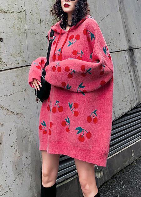 Hooded Drawstring Sweater Dresses Street Style Pink Cherry Print Mujer Sweater Dress