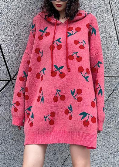Hooded Drawstring Sweater Dresses Street Style Pink Cherry Print Mujer Sweater Dress