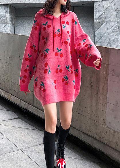 Hooded Drawstring Sweater Dresses Street Style Pink Cherry Print Mujer Sweater Dress