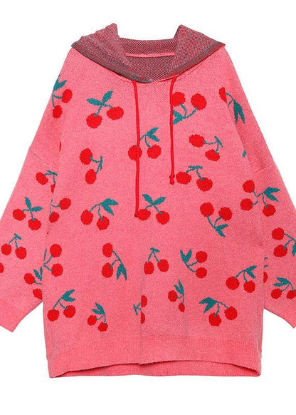 Hooded Drawstring Sweater Dresses Street Style Pink Cherry Print Mujer Sweater Dress
