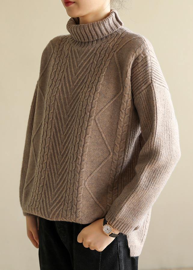 Khaki Knitted Top Cable High Neck Sweaters