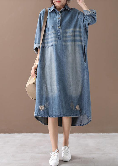 Lapel Hole Spring Outfit Shape Denim Blue Dresses