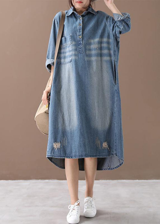 Lapel Hole Spring Outfit Shape Denim Blue Dresses