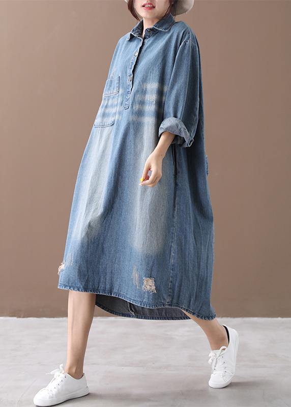 Lapel Hole Spring Outfit Shape Denim Blue Dresses