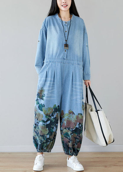 Light Blue Pockets O-neck Print Denim Jumpsuit Spring