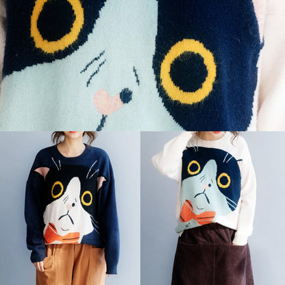 Navy Sweater Tops Winter Loose Fitting Animal Print Knitwear
