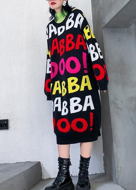 O Neck Baggy Sweater Outfits Quotes Black Print Largo Knit Dresses