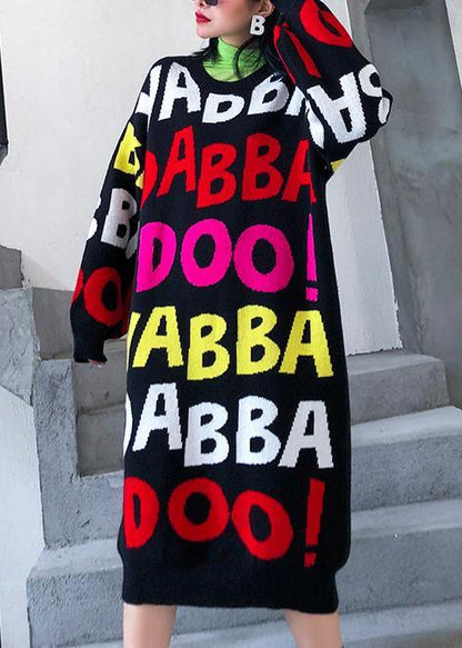 O Neck Baggy Sweater Outfits Quotes Black Print Largo Knit Dresses