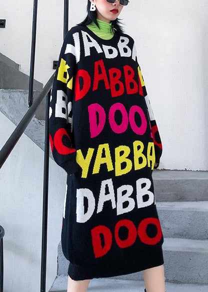 O Neck Baggy Sweater Outfits Quotes Black Print Largo Knit Dresses