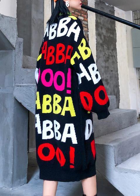 O Neck Baggy Sweater Outfits Quotes Black Print Largo Knit Dresses