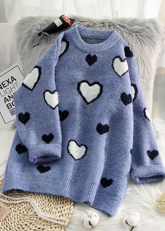 O Neck Blue Knit Sweat Tops Oversized Love Knitted Pullover