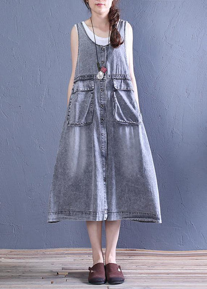 O Neck Pockets Cotton Summer Tunics Tutorials Denim Blue Dresses