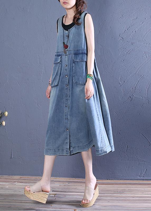 O Neck Pockets Cotton Summer Tunics Tutorials Denim Blue Dresses