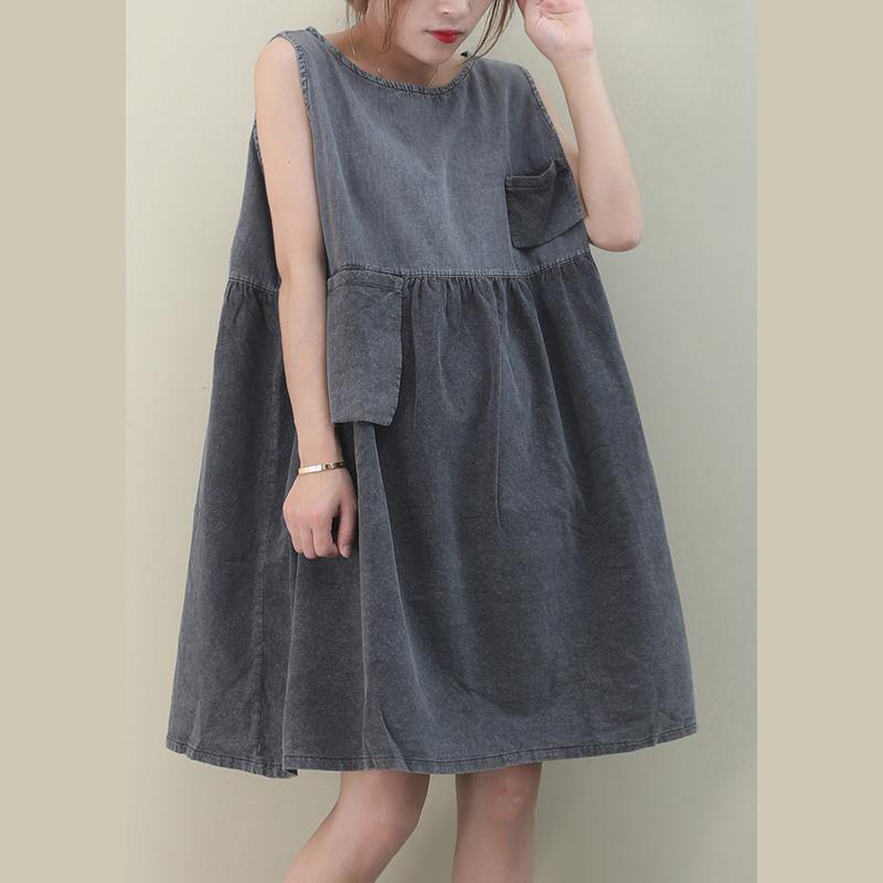 O Neck Cinched Cotton Dresses Fabrics Denim Gray Dresses