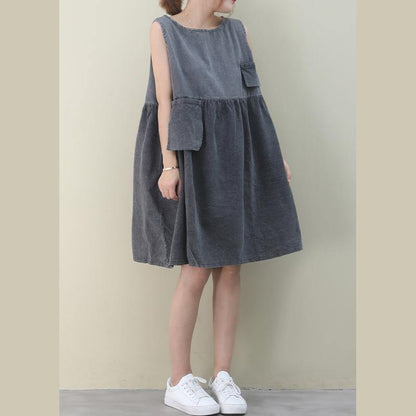 O Neck Cinched Cotton Dresses Fabrics Denim Gray Dresses