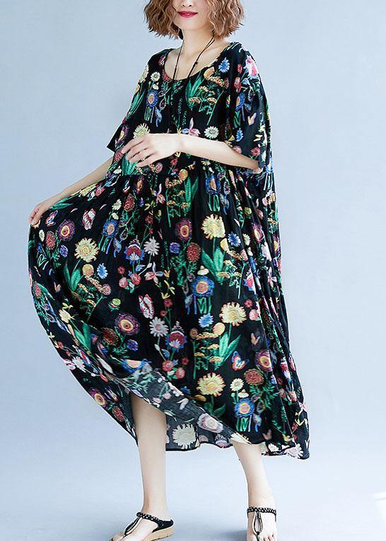 O Neck Cinched Cotton Linen Summer Outfit Tutorials Black Print Dress