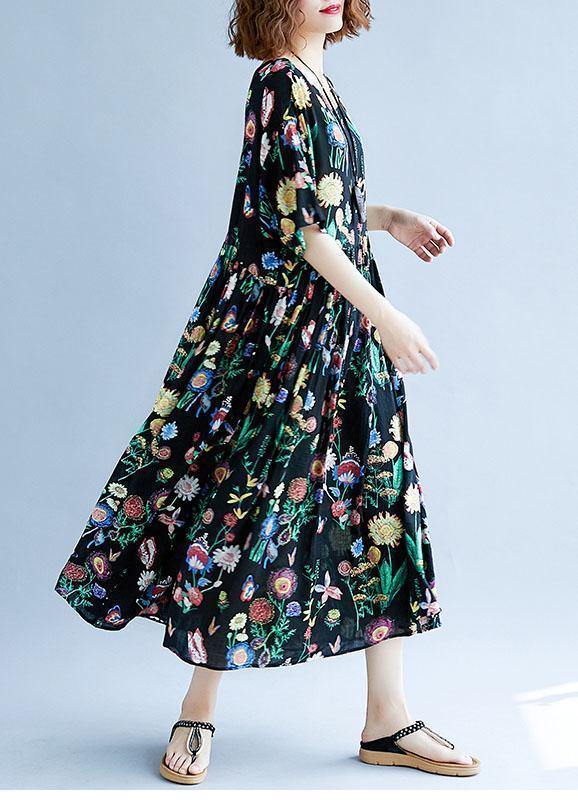 O Neck Cinched Cotton Linen Summer Outfit Tutorials Black Print Dress