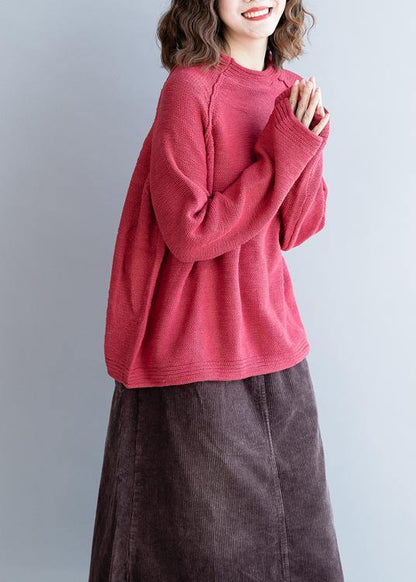 Red Knitted Pullover O Neck Button Down Oversized Knitwear