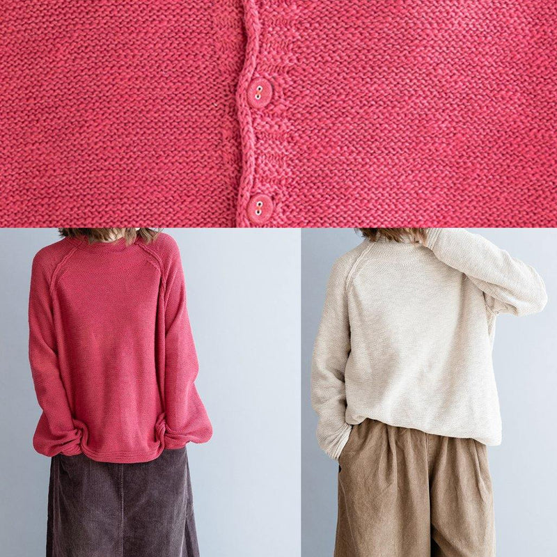Red Knitted Pullover O Neck Button Down Oversized Knitwear