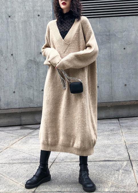 V Neck Sweater Dress Outfit Largo Khaki Tunic Sweater Dress