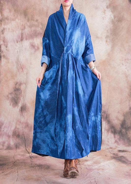 V Neck Tie Waist Cotton Clothes Denim Blue a Line Dress Fall