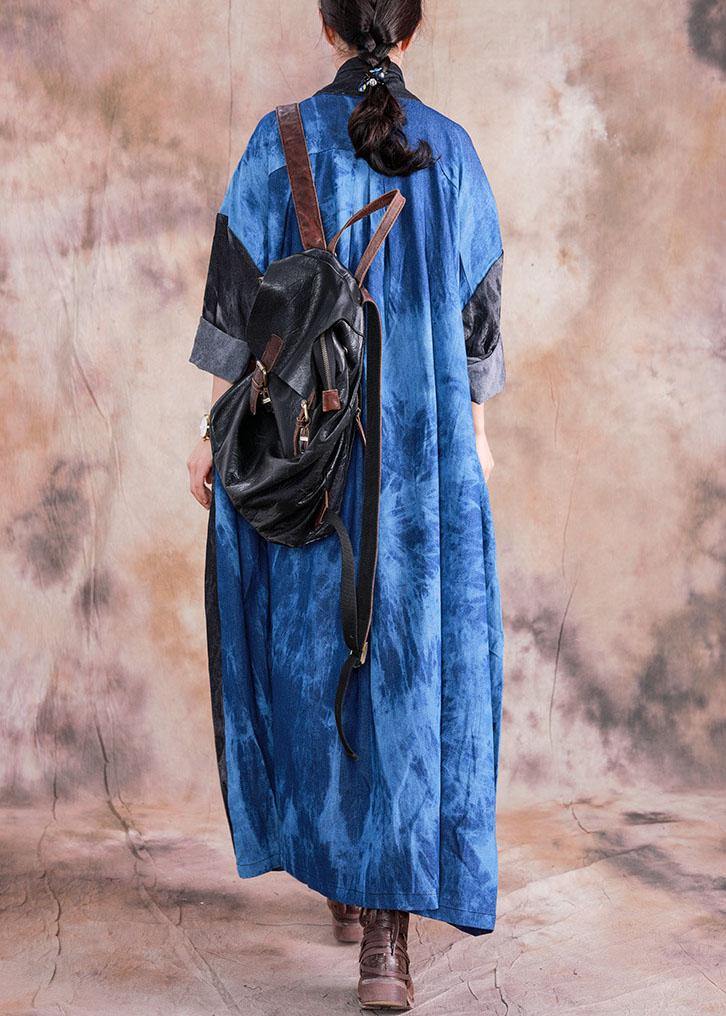 V Neck Tie Waist Cotton Clothes Denim Blue a Line Dress Fall