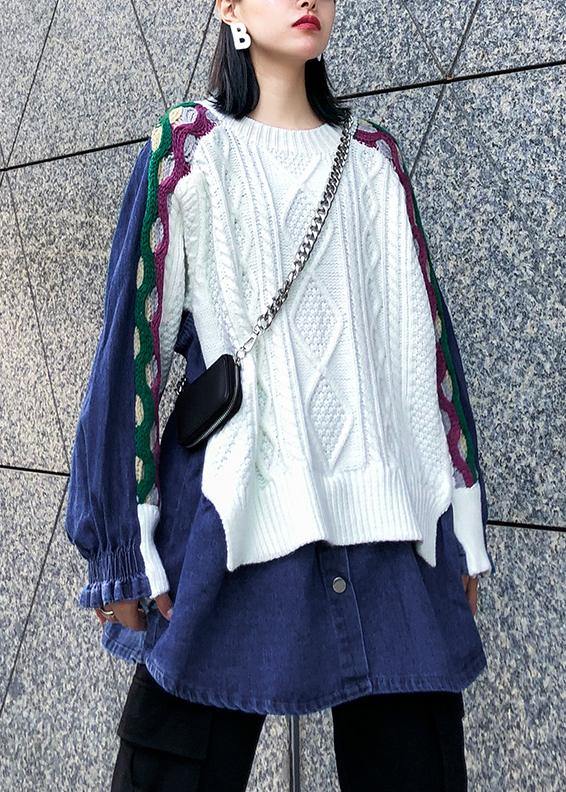 White Knitted Pullover Clothing Knitted Blouse Patchwork False Two Pieces Tops