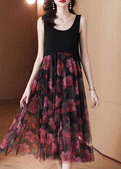 Black Print Patchwork Lace Summer Party Dress
