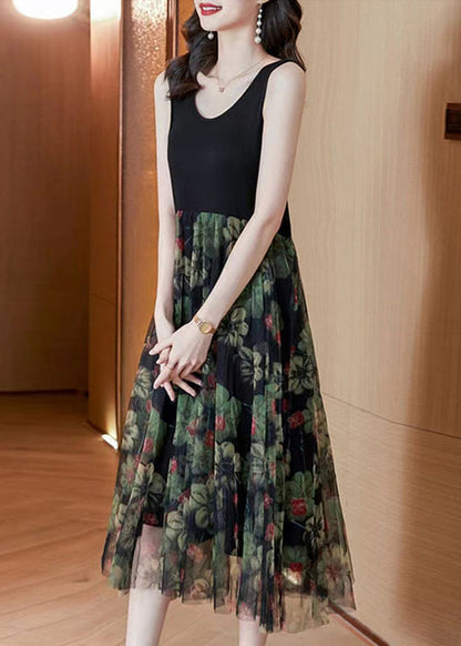 Black Print Patchwork Lace Summer Party Dress
