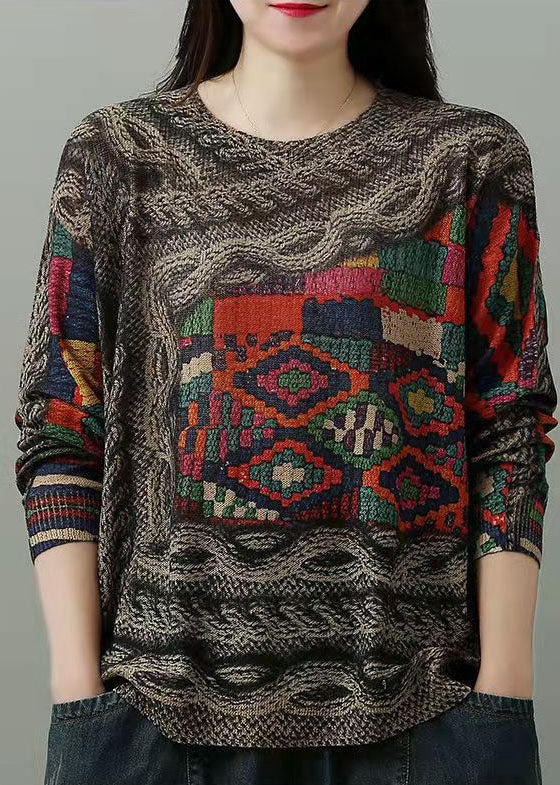 O-neck Print Mink Hair Knitted Sweaters Winter