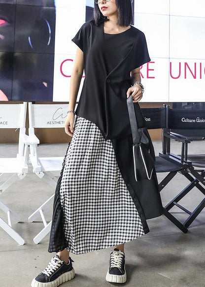 Summer Mid-length A-line Skirt High Waist Black Stitching Chiffon Plaid Skirt