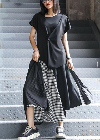Summer Mid-length A-line Skirt High Waist Black Stitching Chiffon Plaid Skirt