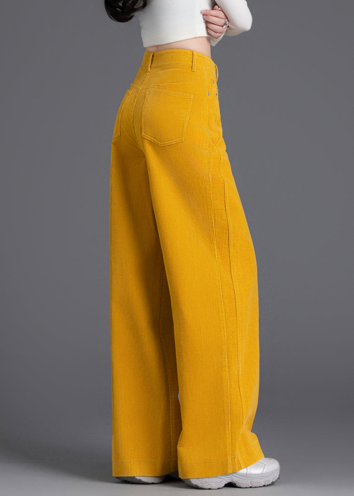 Yellow Button Pockets Corduroy Wide Leg Pants High Waist Spring