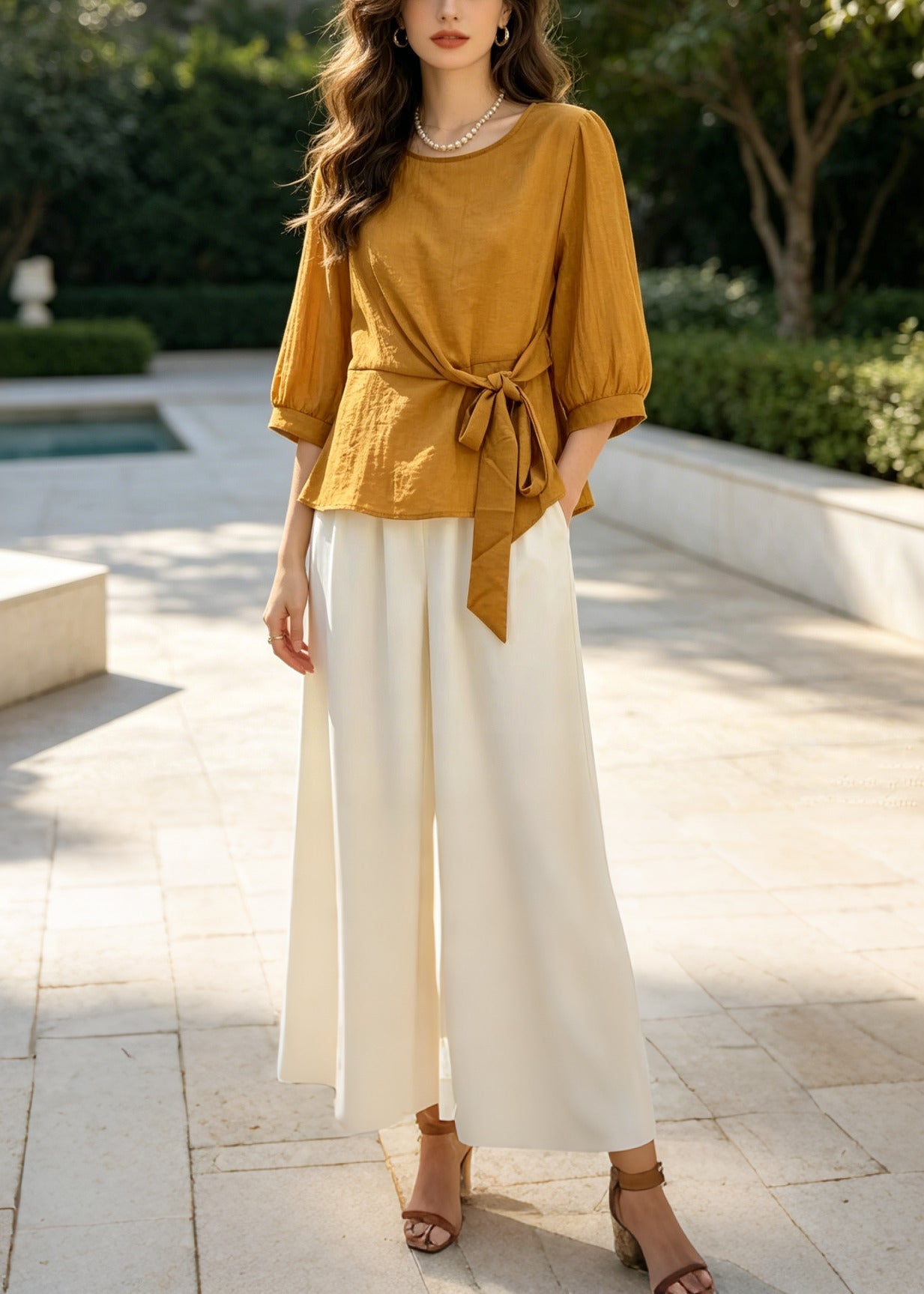 Yellow Cotton Two Pieces Set Oversized Tie Waist Half Sleeve