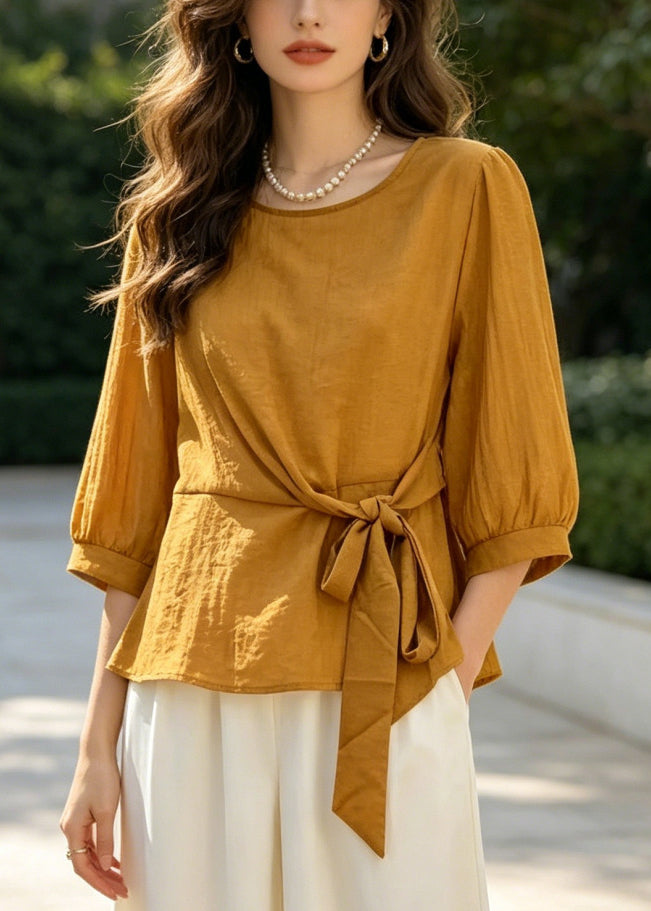 Yellow Cotton Two Pieces Set Oversized Tie Waist Half Sleeve
