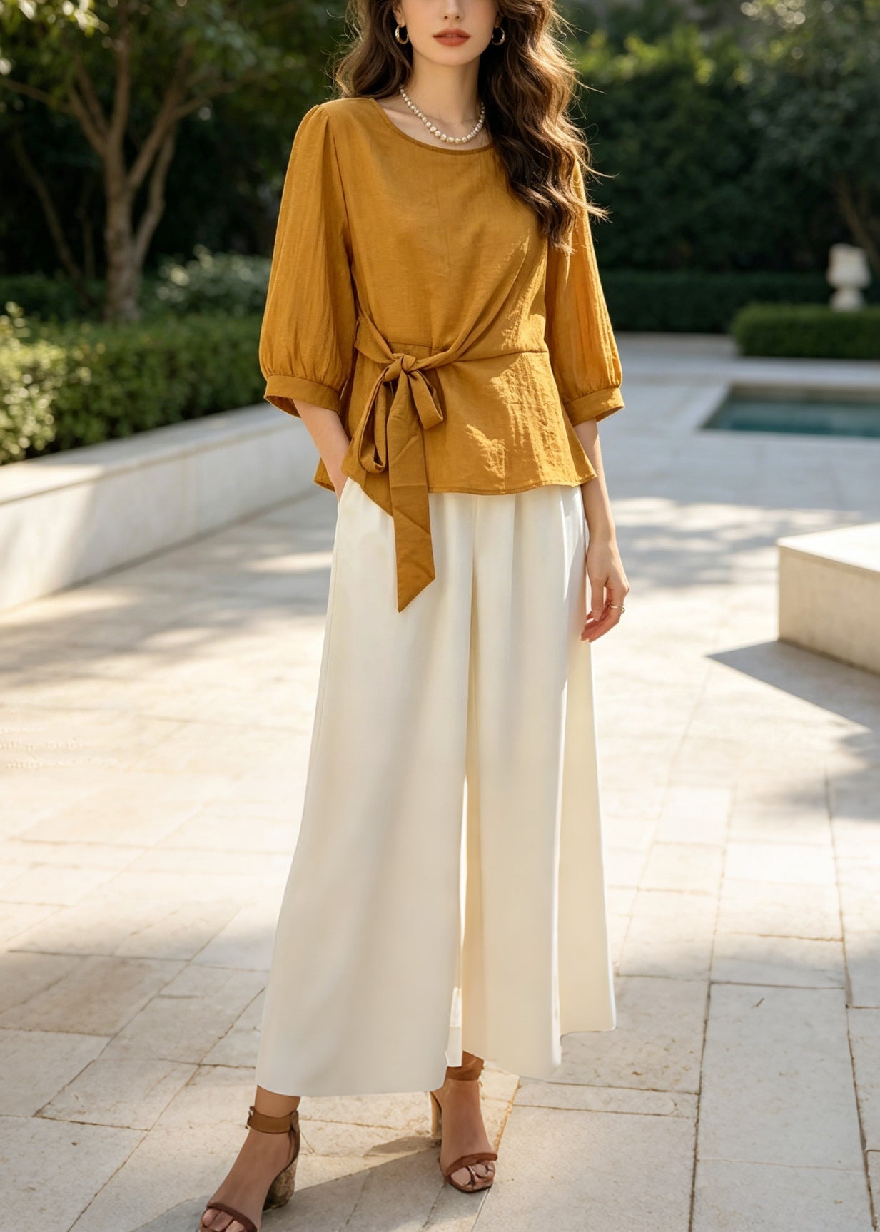 Yellow Cotton Two Pieces Set Oversized Tie Waist Half Sleeve