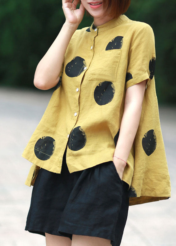Dark Green Dot Print Patchwork Linen Top Button Stand Collar Summer