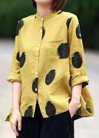 Green Dot Print Patchwork Linen Top Button Stand Collar Summer