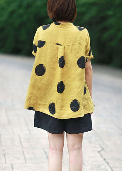 Dark Green Dot Print Patchwork Linen Top Button Stand Collar Summer