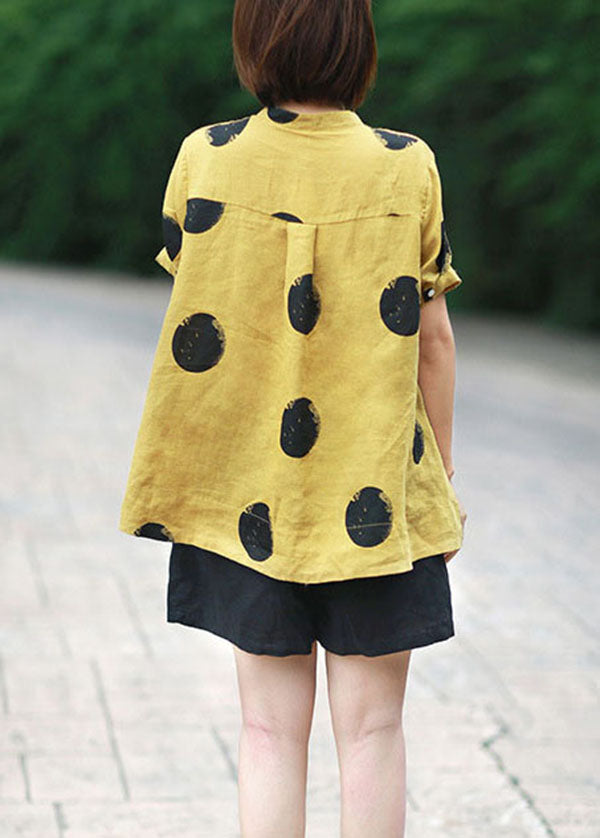 Green Dot Print Patchwork Linen Top Button Stand Collar Summer