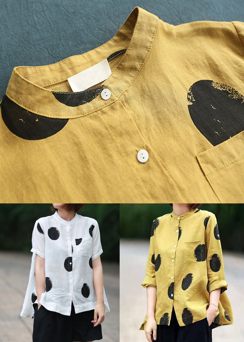 Green Dot Print Patchwork Linen Top Button Stand Collar Summer