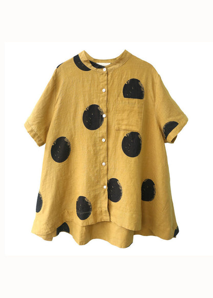 Pink Dot Print Patchwork Linen Top Button Stand Collar Summer